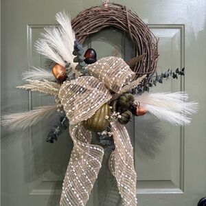 Large White Pumpkin Fall Wreath with Burlap and Eucalyptus